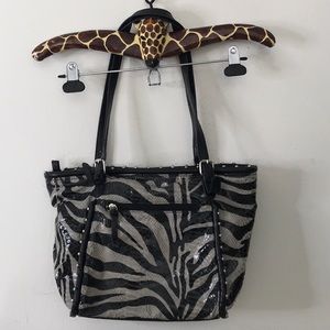 Bueno vegan leather shimmering gray black zebra design studs purse